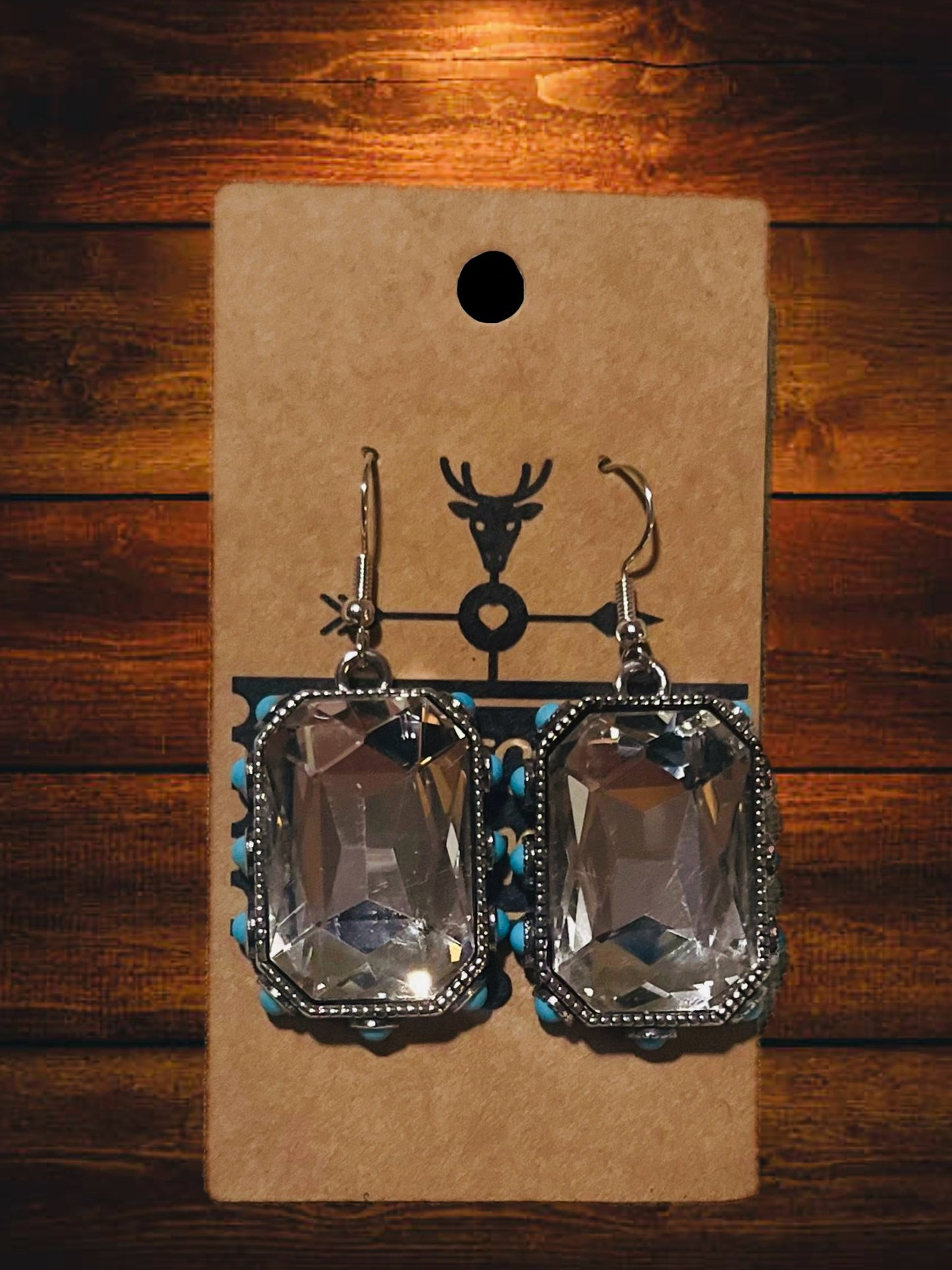 BLINGY| CLEAR GLASS STONE| TURQUOISE STONE| DROP EARRINGS| WESTERN| RODEO