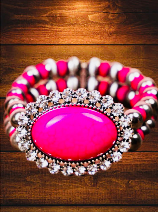 BLINGY| PINK STONE|SILVER-TONE| NAVAJO PEARL BEAD| BRACELET| WESTERN| RODEO