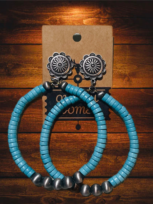 CONCHO| NAVAJO PEARL BEADS| BLUE TURQUOISE STONE BEADS| LARGE POST HOOP EARRINGS| WESTERN| RODEO