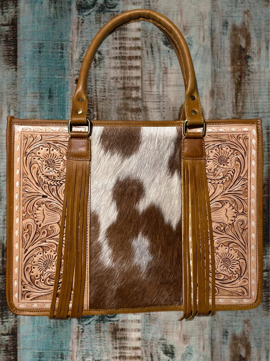 CHATTAHOOCHEE| GENUINE HAIR ON HIDE| LEATHER TOOLED| CONCEALED CARRY TOTE